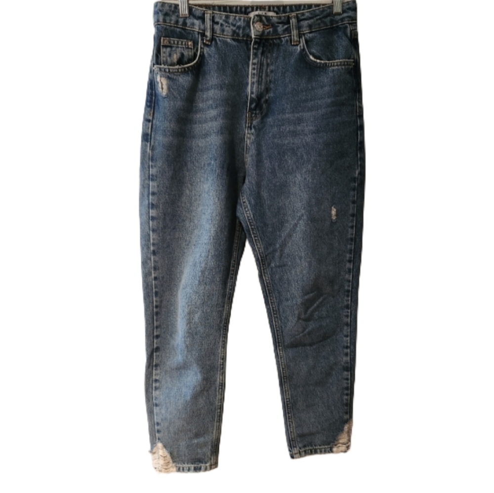 Let It Be Distressed Ankle Crop Blue Jeans High Waist